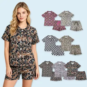 Adult women camouflage short sleeve summer sleepwear pajama set soft casual wear suit