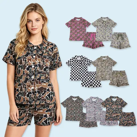 Adult women camouflage short sleeve summer sleepwear pajama set soft casual wear suit