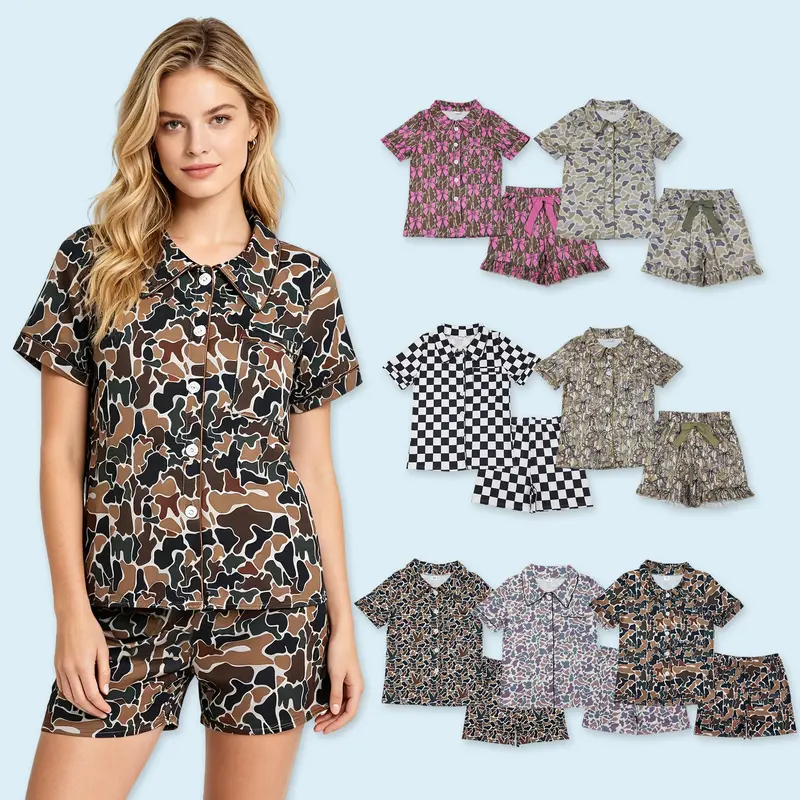 Adult women camouflage short sleeve summer sleepwear pajama set soft casual wear suit