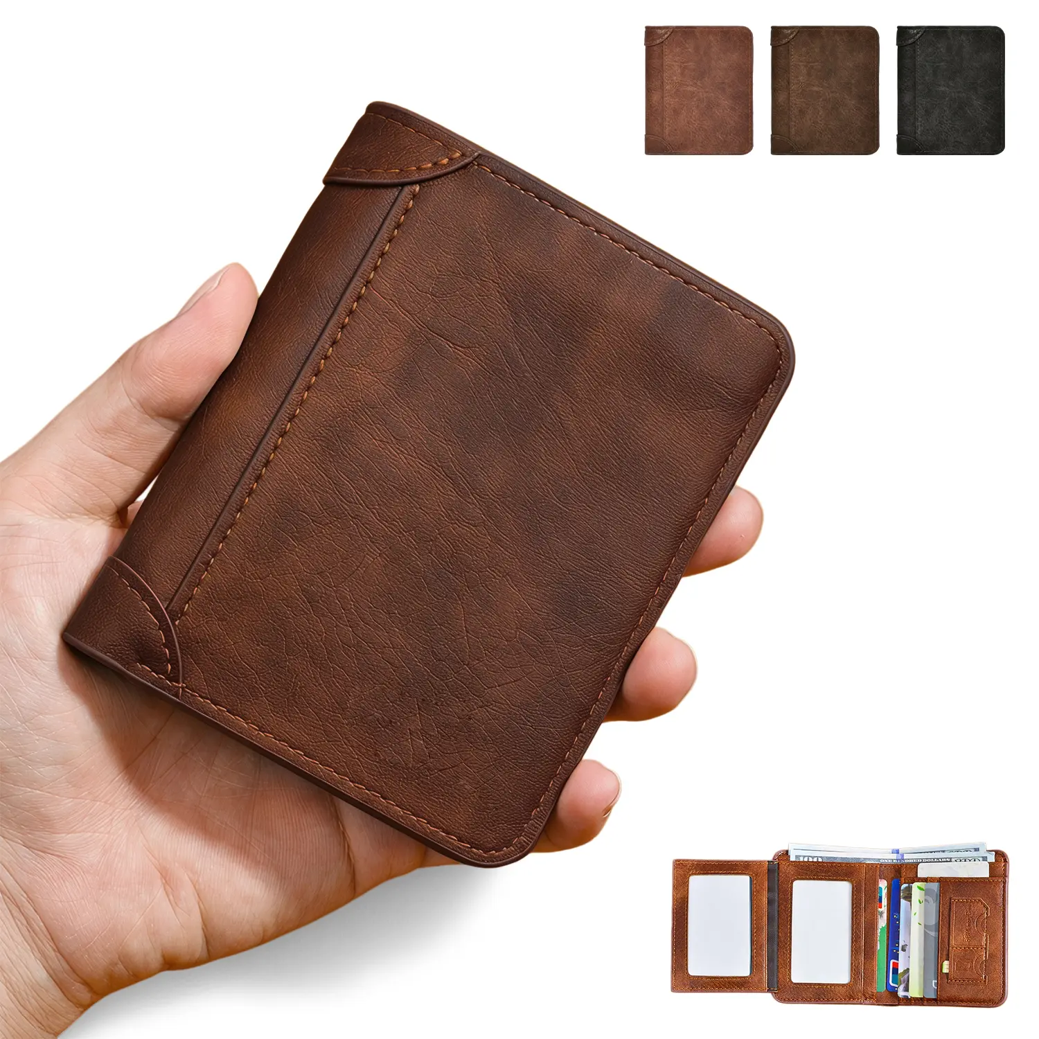 PU Leather Mens Trifold Wallet RFID Blocking Short Slim Minimalist Front Pocket - Thin & Stylish with ID Window Large Capacity Multi Slot ID Holder for Work Travel Daily Use