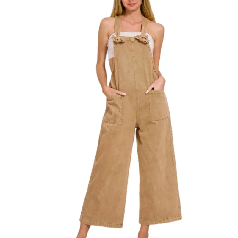 Washed Knot Strap Pocket Jumpsuit / LT CAMEL