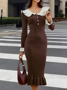 Autumn/Winter New Arrivals: Retro Vintage Ruffled Slim Midi Dress, Versatile Lady's Gathering Court Style, Puff Long Sleeves Ruffle Detail Design, French High-End Elegant Knit Dress, Handcrafted Bead Embellished Long Skirt