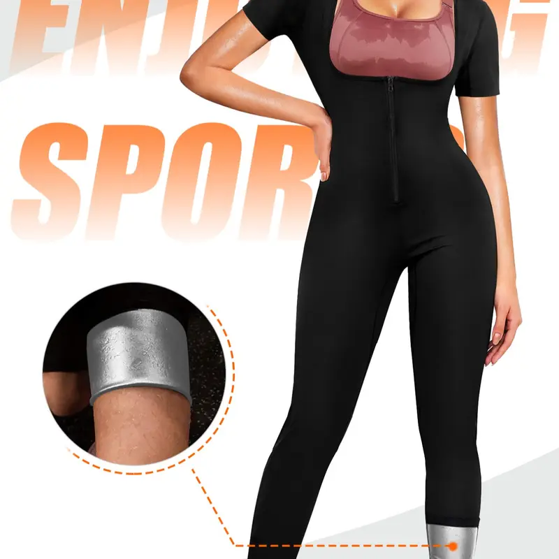 Women's Plus Size Full Body Sauna Suit Set, Sweat-Proof One-Piece Design, Short Sleeve with Hip Control and Abdominal Shaping, Sporty Jumpsuit, Yoga Running Workout, Tummy Control Jumpsuit, Workout Jumpsuits, Fitness Apparel