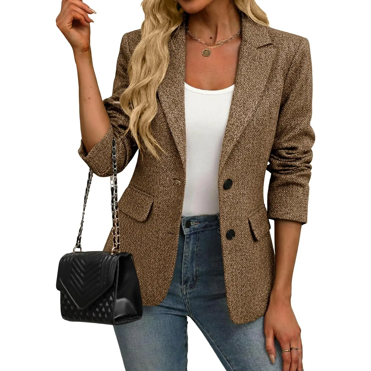 Women's 2025 Fall Brown Herringbone Tweed Long Sleeve Button Clothes - Dressy Casual Business Work Blazer for Indoor Recreation, Zhb014, Size S, Fitted