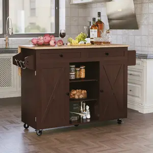 Aesthetic Rolling Kitchen Island Cart with Storage - Spacious Wooden Top, Cabinets & Drawers, Mobile & Durable, Perfect for Kitchen Prep, Dining & Home Organization