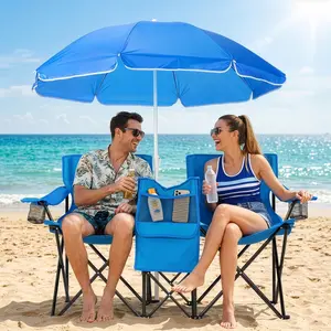 55.91"*19.69"*31.50"Double Folding Beach Chair with Removable Adjustable Umbrella, 2-Person XL Camping Chair with Cooler Bag, Cup Holders, Side Pocket, Heavy Duty 529 lbs Load, Oxford Cloth Iron Frame for Outdoor, Beach, Camping, Patio Royal Blue