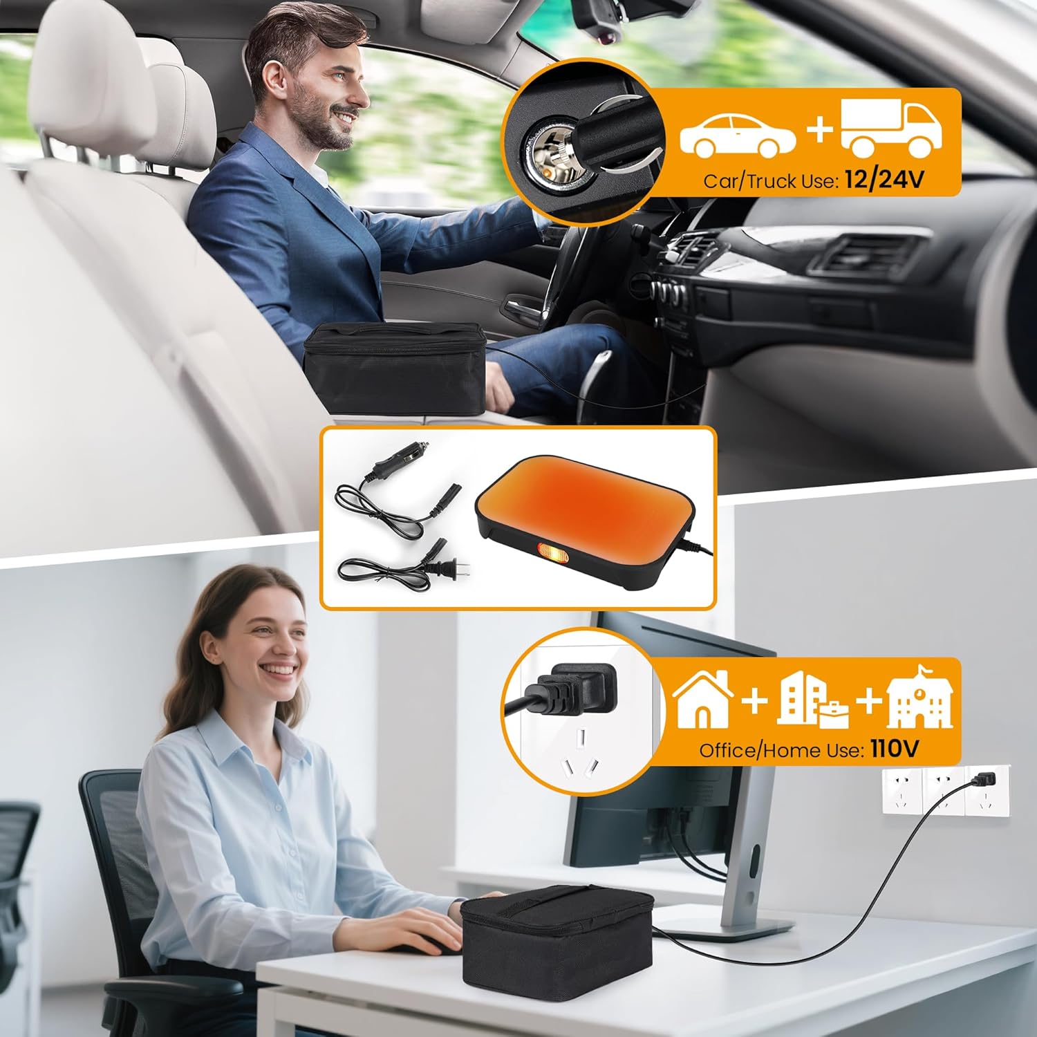 Portable Oven, 100W 12V/24V/110V 3-in-1 Electric Food Heater Electric Lunch Box Mini Microwave for Adults, Electric Lunch Box Food Heater for Men and Women, Fast Heating Keep Meals Warm for Truck, Office, Home,Travel