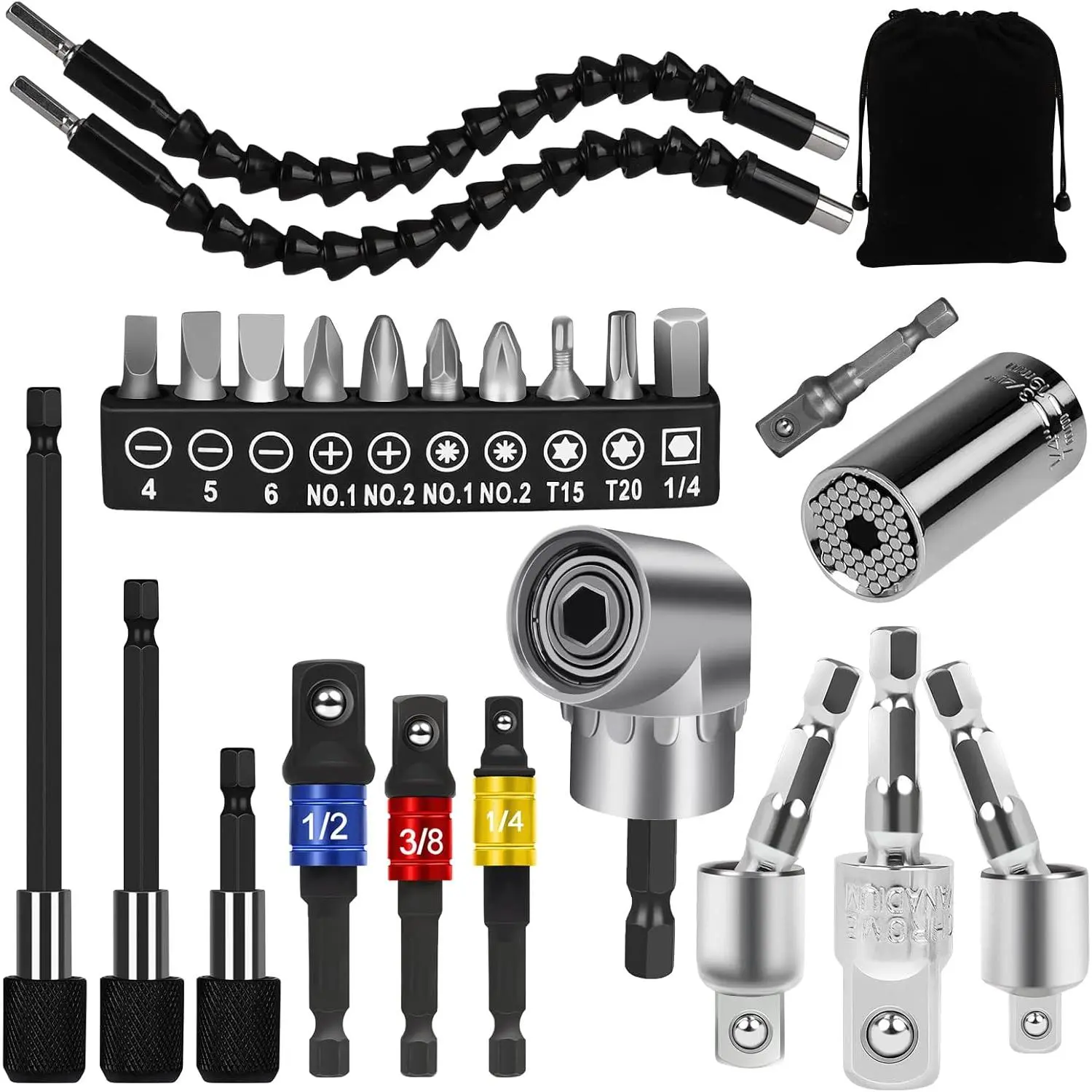 24pcs Flexible Drill Bit Extension Set  Hex Shank 105° Right Angle Attachmen Rotatable Joint Socket 1/4 3/8 1/2 In Adapter Bendable Drill-Bit-Extension Screwdriver Kit (Black)