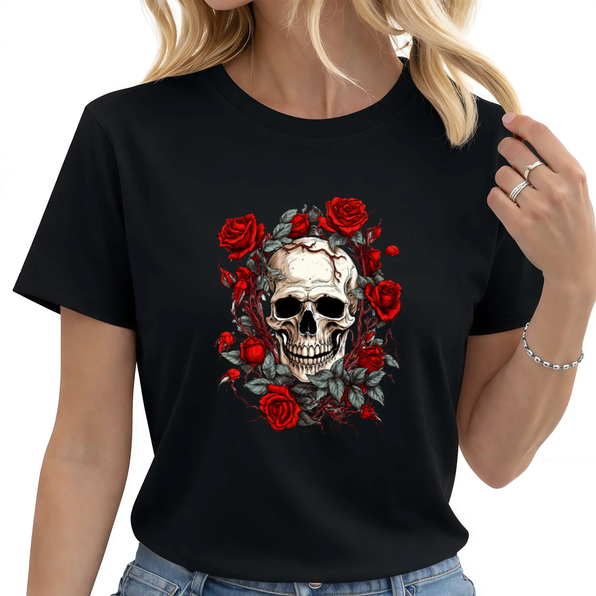 Skull Rose Women'S Black Graphic Tee Crew Neck Short Sleeve T-Shirt Vintage Gothic Streetwear Style Bold Floral Skeleton Print Daily Wear Summer Outfit Music Festival Birthday Gift