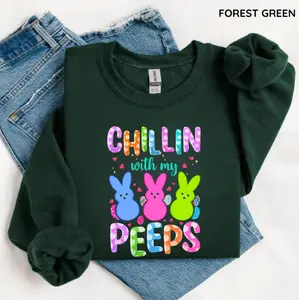 Chilling With My Peeps Sweatshirt, Funny Easter Sunglasses Crewneck, Retro Peeps Graphic Pullover, Cool Easter Holiday Sweater, Cute Marshmallow Chick Spring Top