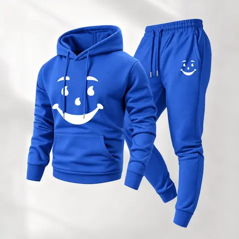 Men's Smiling Face Patterned Hoodie And Drawstring Track Pants Set, Men's Casual Athletic Long-Sleeved Hooded Jacket And Pants, Suitable For Fall And Winter, Street Style Hoodie Set, Everyday Wear, Indoor And Outdoor Sportswear