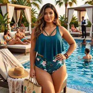 Women's Plus Size Plant Print Elegant Casual Comfortable One-Piece Swimsuit for Beach, Slim-Fitting Summer Swimwear, Moderate Fabric Thickness