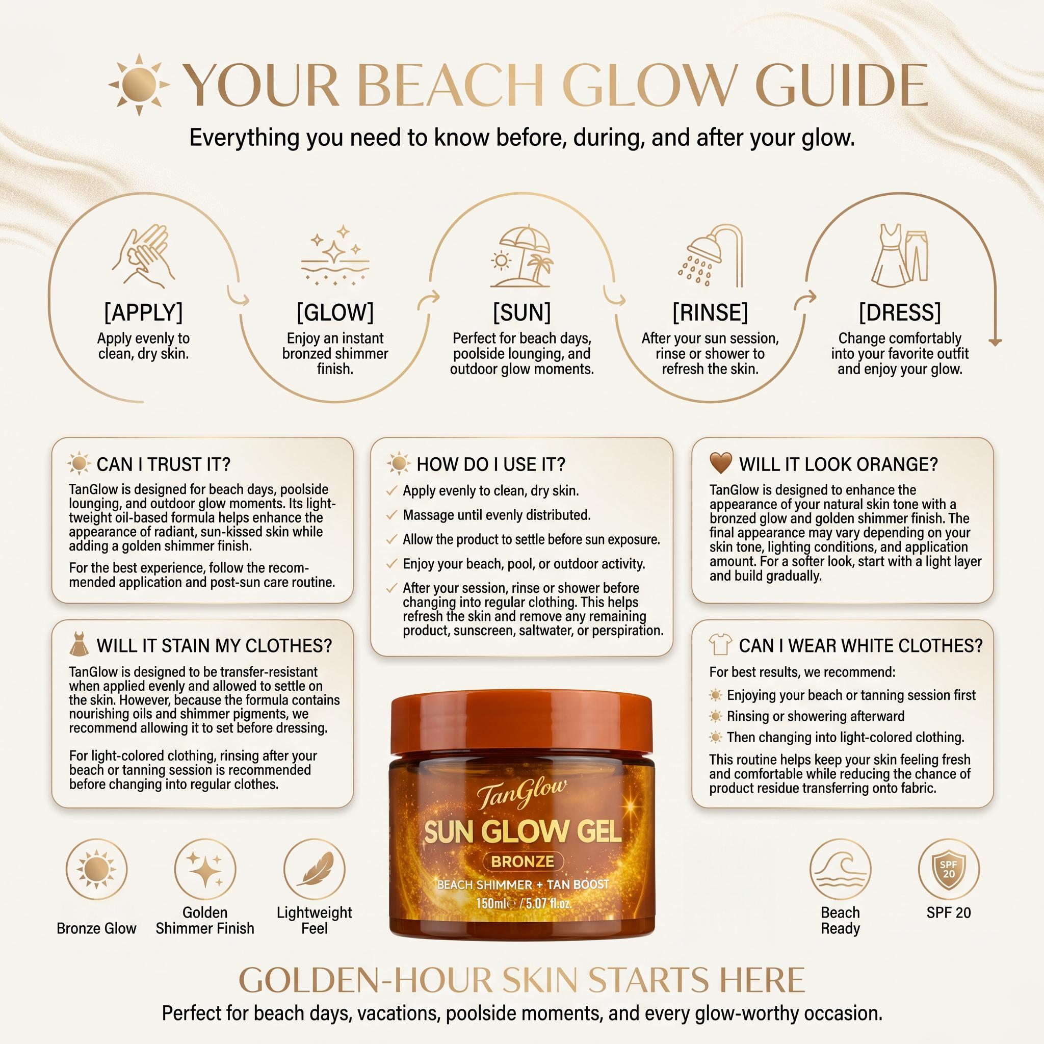 TanGlow Sun Glow Tanning Gel, Tanning Accelerator& Golden Shimmer for Outdoor Sun Tanning, with Coconut Oil, Carrot Seed Oil, Vitamin E & Jojoba Oil, 150ml TanGlow Sun Glow Tanning Gel, Tanning Accelerator& Golden Shimmer for Outdoor Sun Tanning, with Coconut Oil, Carrot Seed Oil, Vitamin E & Jojoba Oil, 150ml