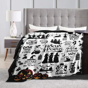 Hocus Pocus Witch-Themed Flannel Halloween Blanket - Soft Throw With Black & White Halloween Design, Sanderson Sisters Quotes & Silhouettes For Bed, Sofa, Or Gift - Cozy Contemporary Fantasy Decor, Seasonal Home Accent, Whimsical Home Style Horror