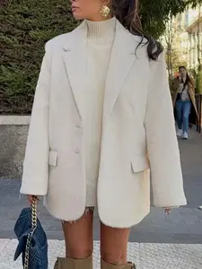 Winter Coat Female Trendy Cream Fuzzy Textured Tailored Blazer Oversized Lapel Collar Single - Breasted Coat Cozy Winter Outerwear Women's Chic Casual Office Long Tops