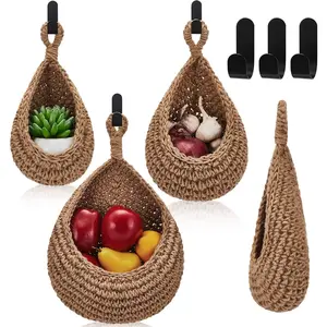 Teardrop Hanging Wall Basket Onion Basket Bohemian Storage Fruit Vegetable Holder Wall Hooks for Kitchen Home Restaurant 3 Sizes Linen
