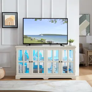 59" W LED Curio Cabinet with 7 Color Lights, Vintage Glass Display Cabinet with 4 Glass Doors and Adjustable Shelves, Wooden China Case with Smartphone-Controlled for Living Room (White)