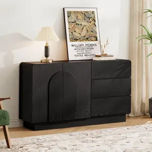 【Curved Design】ONBRILL 55" Buffet Sideboard Cabinet with Storage, Curved Sideboard Cabinet with 3 Drawers and 2 Doors, Buffet Cabinets with Adjustable Shelf, Coffee Bar Console Table for Kitchen, Entryway【HolidayHaul】