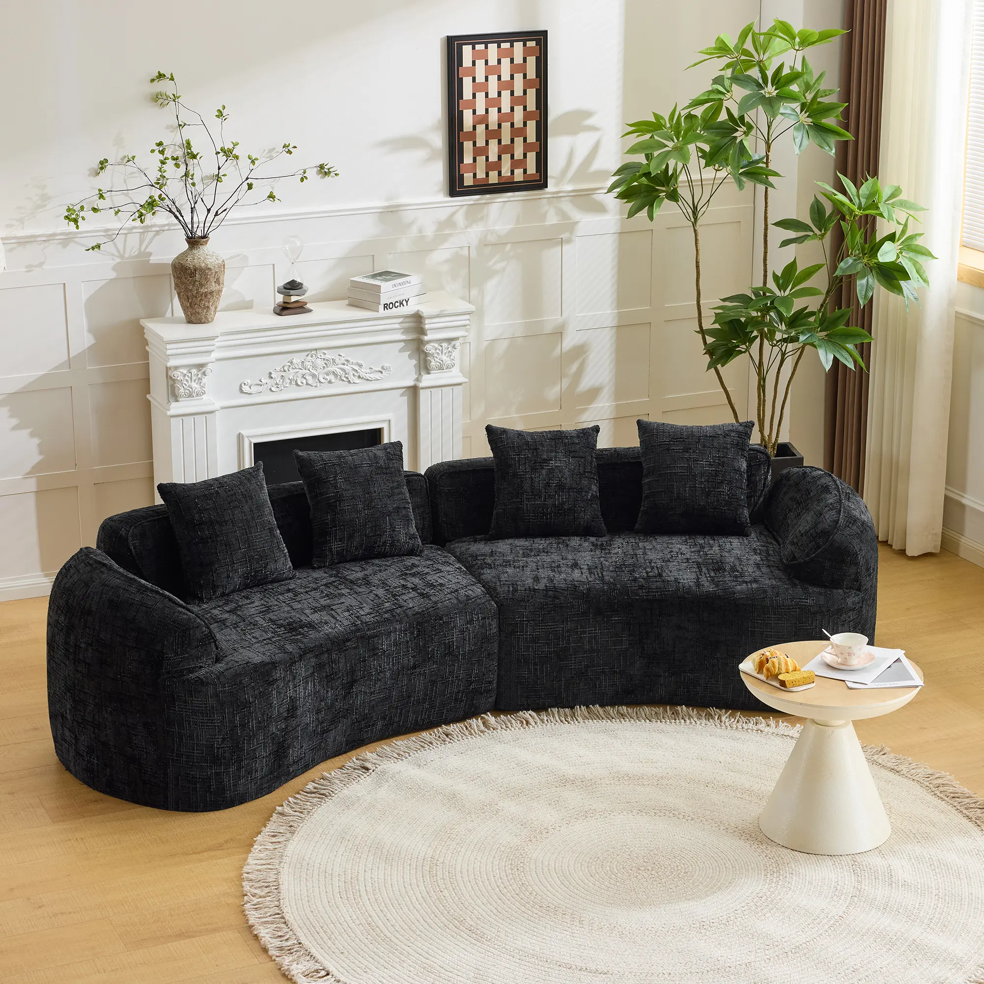 【Sub 2  packages】Niccae Black Curved Compressed Sofa, Creative Nordic-style Design for Living Room, Comfortable, Soft and Suitable for Multiple Scenarios
