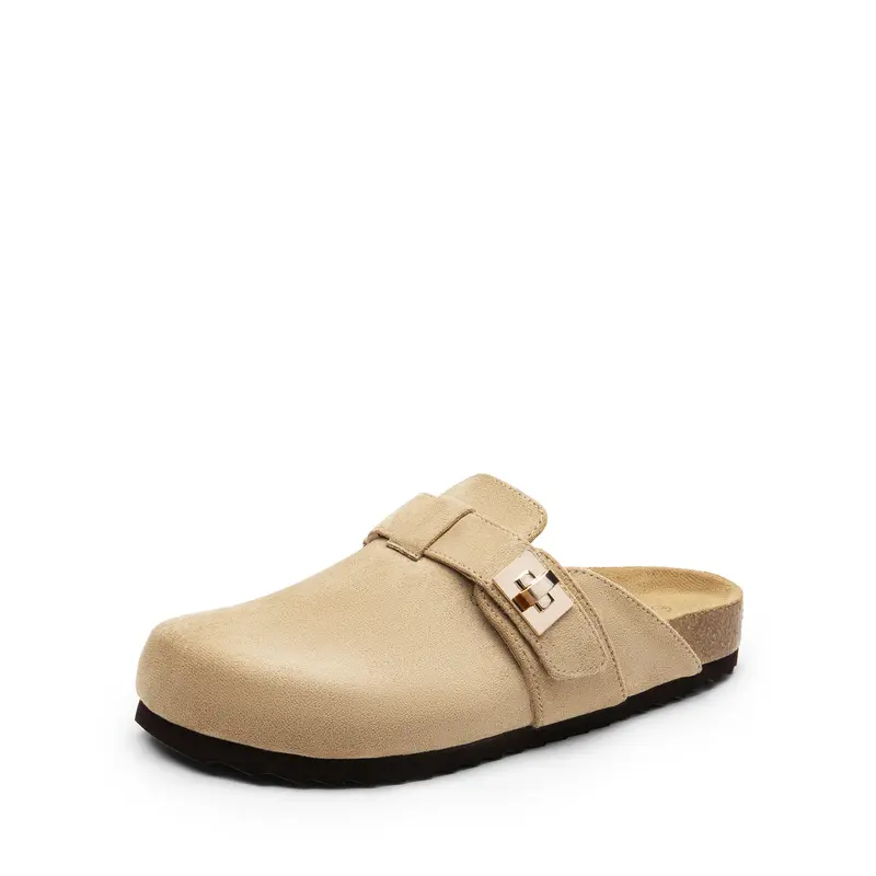 DREAM PAIRS Women's Faux Suede Casual Slip-On Clogs - Adjustable Buckle Mules with Cork Footbed, Arch Support, Black Women's Shoes for Work, Walking