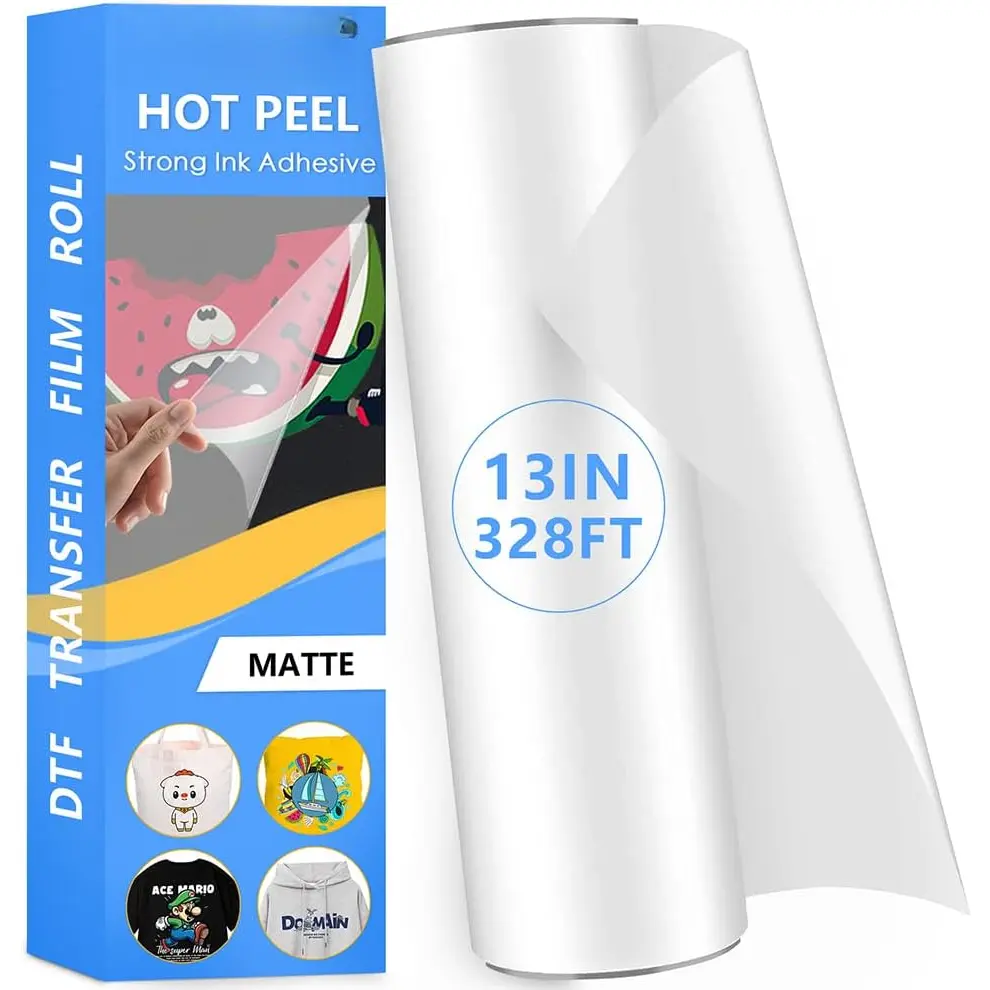 DTF Transfer Film Roll 13 Inch x 328 FT for Sublimation Double-Side Clear Pretreat Sheets, PET Heat Transfer Paper for Inkjet Printer Direct Print on T Shirts Textile