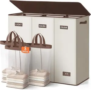 SOLEDI 200L 3-Section Laundry Hamper with Lid, Black/Grey/Off-white | Extra Large Dirty Clothes Basket for Bedroom & Laundry Room, Durable Clothes Organizer,Organize laundry effortlessly,storage organization,stair basket! Foldable, durable, and stylish