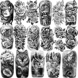 77 Sheets Temporary Tattoo, Half Arm Realistic Lion Wolf Owl Elk Snake Butterfly Rose Fake Tattoos for Girls Boys, Waterproof Temporary Tattoos for Women Men Adults Chest Shoulder Neck Hand
