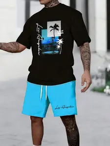 Men's Los Angeles Coconut Tree Print Short Sleeve Shorts Set Black-Blue Color Block Fitted Casual Two-Piece