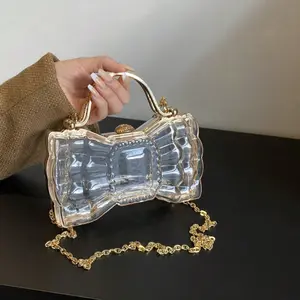 Bowknot Clutch with Diamond Studded Handle and Chain, Transparent Party Evening Box Bag for Women with Unique Design, Fun Gift