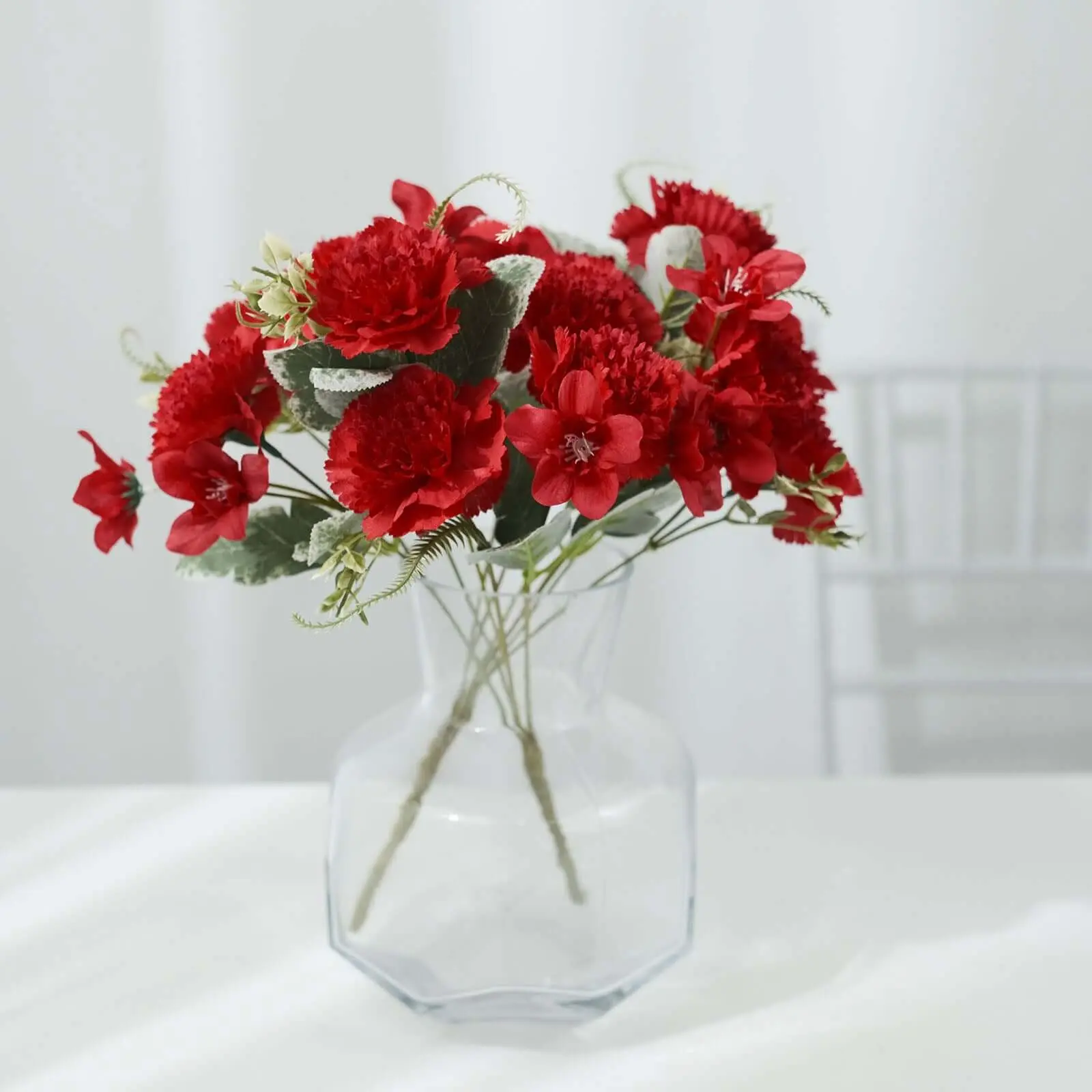 3-Pack 14" Red Artificial Silk Carnation Bush Shape Bouquets, Decorative Floral Decor for Home, Anniversary, Bouquet Pack