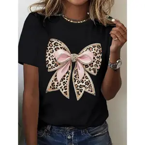 Womens Graphic T-Shirt Leopard Bow Print Black Crewneck Short Sleeve Streetwear Casual Tee Soft Breathable Daily Outfit Top For Gym Travel Summer Vacation Gift