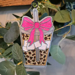 Iced Coffee Leopard Print Bow Car Freshie with Pink Glitter Bow and Leopard Pattern Design