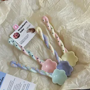 4-Piece Set Cute Kawaii Ceramic XINGX Spoon-Hand Painted, Long Handle Suitable for Soup and Dessert-Perfect for Home and Restaurant Use Parfait Cup with Lid and Spoon Japanese Soup Spoon