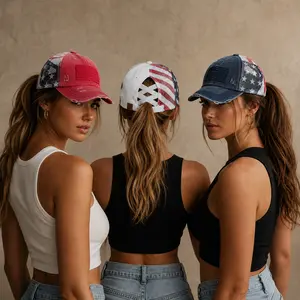 C.C Patriotic Adjustable Women’s Baseball Cap Cotton Brushed Embroidered Hat with Criss-Cross Elastic Band American Flag Mesh Back Durable Accessory Fit Perfect for Memorial day and July 4th