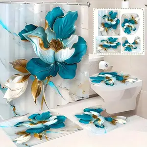 Blue Floral Marble Pattern 4pcs Set Polyester Shower Curtain Non-Slip Bath Mat U-Shaped Toilet Mat Seat Cushion Universal Bathroom Decor for Outdoor Bathing