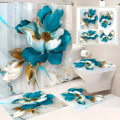 Yrztrk 4pcs Shower Curtain Sets - Blue Marble Floral Polyester Curtain, Safe Nonslip Bath Mat, U-Shape Toilet Mat, Durable Seat Cushion for Beautiful Bathroom Decor & Universal Bathroom Supplies