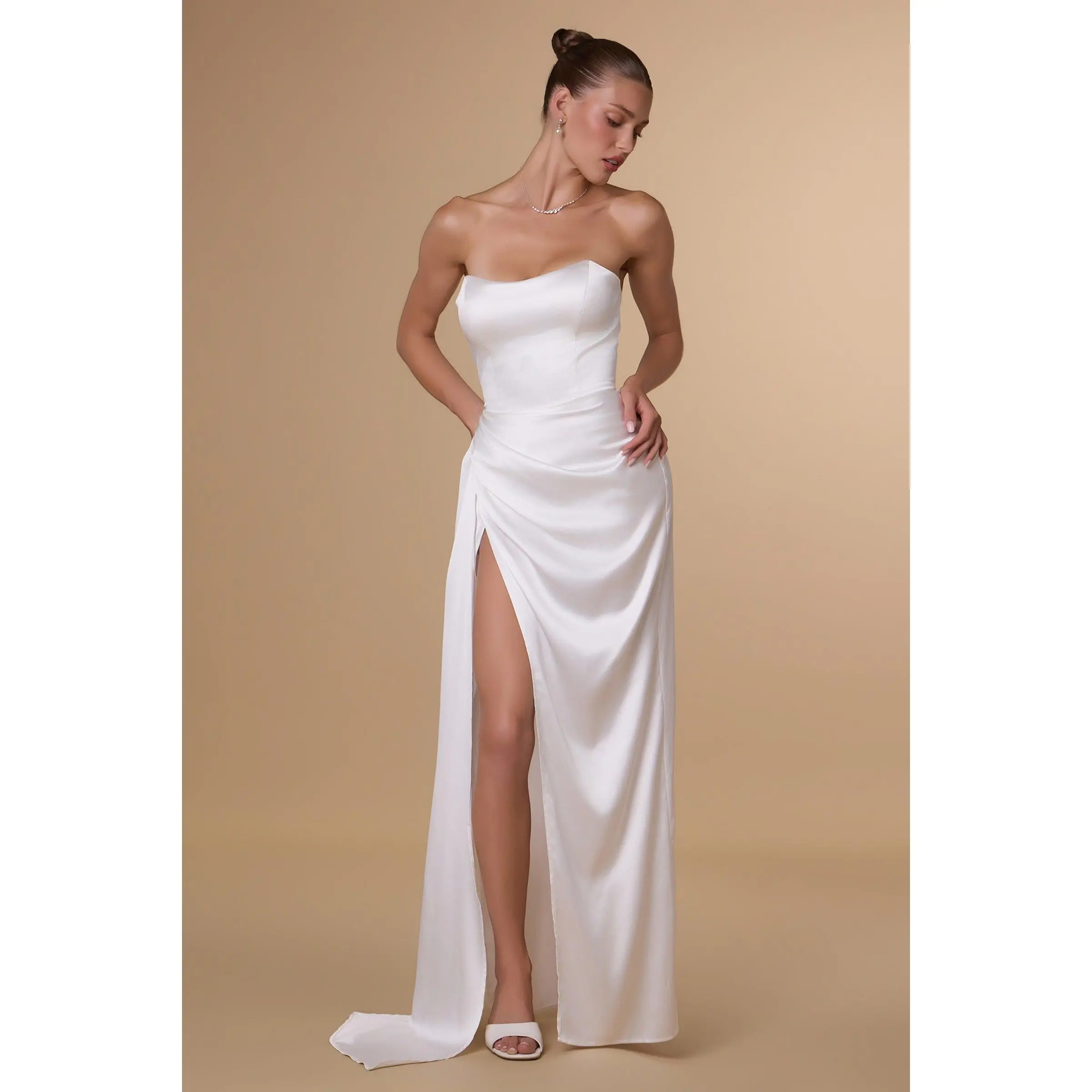 Amoris T215W Fitted Strapless Luxurious Satin Side Sash Wedding Dress
