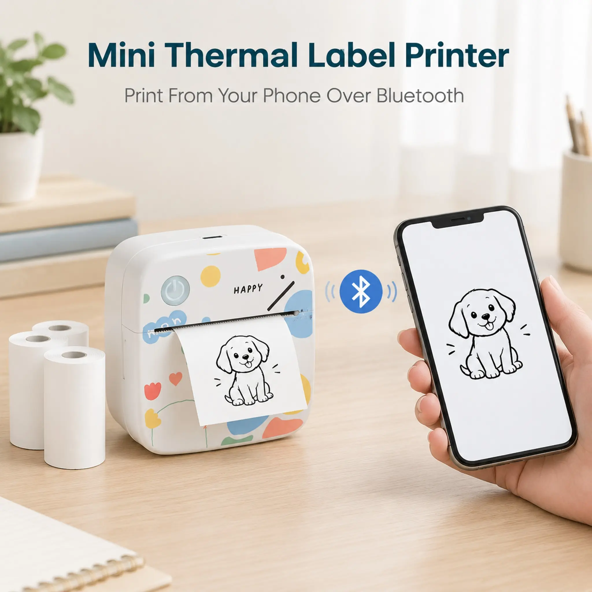 Quriov Mini Thermal Label Printer, Portable Bluetooth Sticker Maker for Phone and Tablet, Inkless Label Maker for Study Notes, Price Tags and Crafts