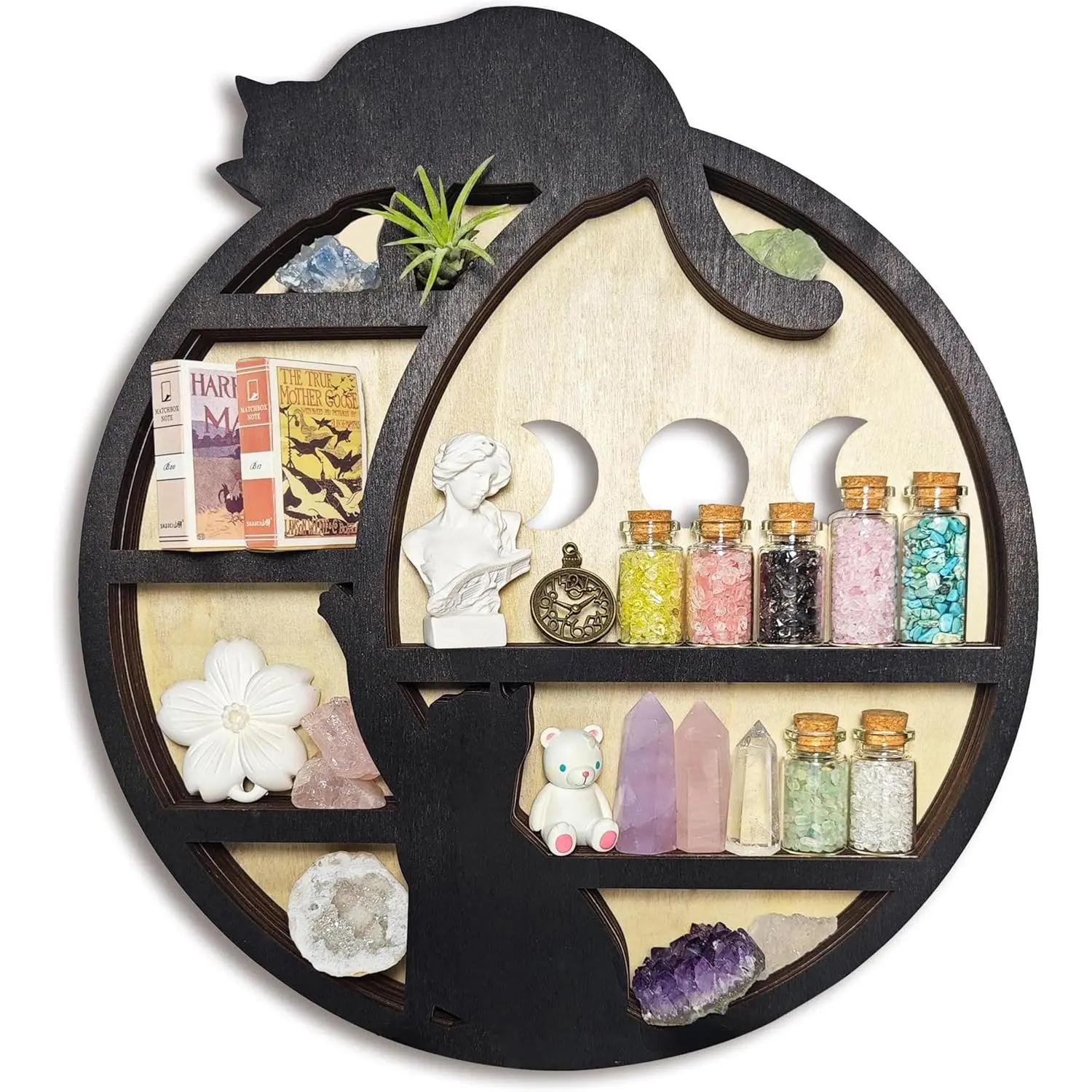 Cats on The Moon Crystal Display Shelf, Wooden Hanging Floating Shelf, Crescent Moon Phase Shelf Stones Essential Oil Organizer Rock Storage Gem Holder Wood Gothic Witchy Boho Home Wall Decor
