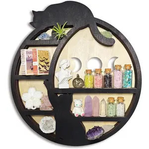 Cats on The Moon Crystal Display Shelf, Wooden Hanging Floating Shelf, Crescent Moon Phase Shelf Stones Essential Oil Organizer Rock Storage Gem Holder Wood Gothic Witchy Boho Home Wall Decor