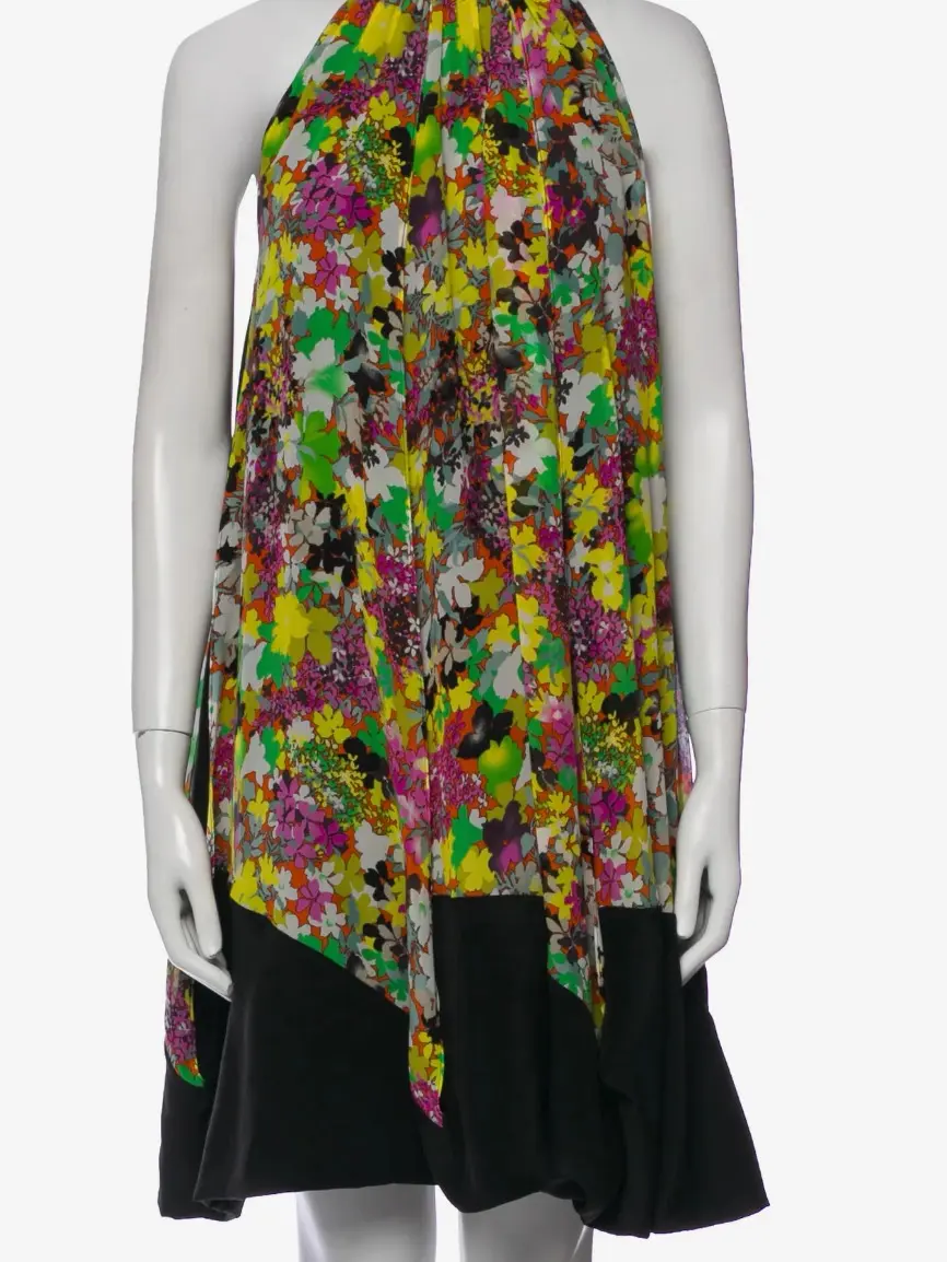 Etro Women's Green Vibrant Floral Print Silk Tent Dress - Casual Dresses with Sleeveless Mock Neck, Side Sash Tie, Elegant Casual Fit
