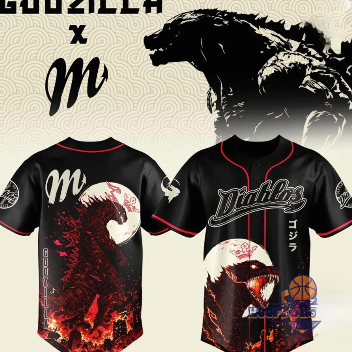 Godzilla x Diablos Rojos Collaborative Limited Edition Unisex Breathable Sports Jersey - Casual Baseball Style, Athletic Top, Jersey Shirts (Short-Sleeve Button-Down Fan Apparel, Sizes S,2XL,3XL,5XL)