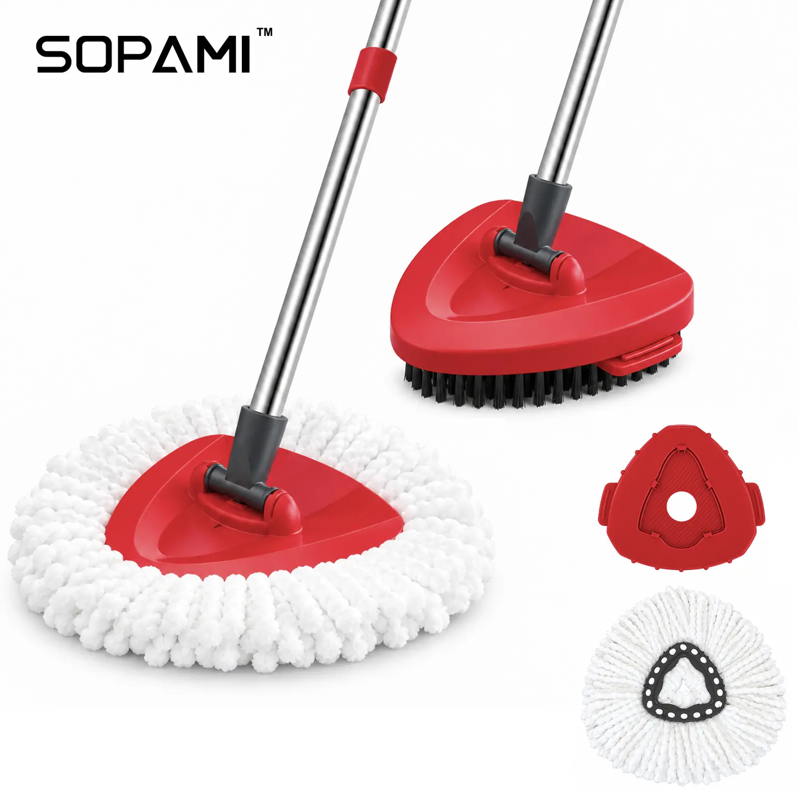 SOPAMI Spin Mop Head & Scrub Brush Refills Compatible with O-Cedar EasyWring 1-Tank System, Triangular Microfiber Mop Heads + Stiff Bristle Scrub Brush with Base, Machine Washable, Bucket & Handle Not Included