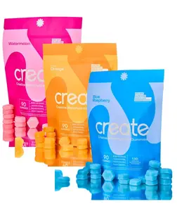 Create Creatine Monohydrate Gummies Supplement for Men & Women - 90ct (3-Pack: Blue Raspberry, Orange, Watermelon Flavors) Healthcare Muscle Fitness Dietary