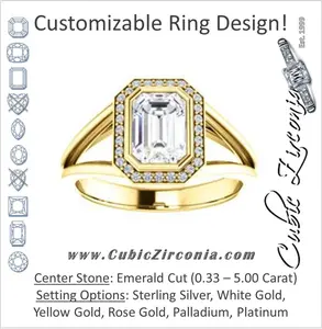 Cubic Zirconia Engagement Ring- The Mackenzie (Customizable Emerald Cut Bezel-set Split band with Halo)