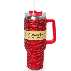 Cupcupmore 40 oz Red Bling Rhinestone Stainless Steel Sippy Tumbler Glitter Vacuum Insulated Thermal Water Bottle with Straw & Lid &Handle,Sparkle Car Cup Holder,Keeps Cold 12 Hours Drinks,Coffee
