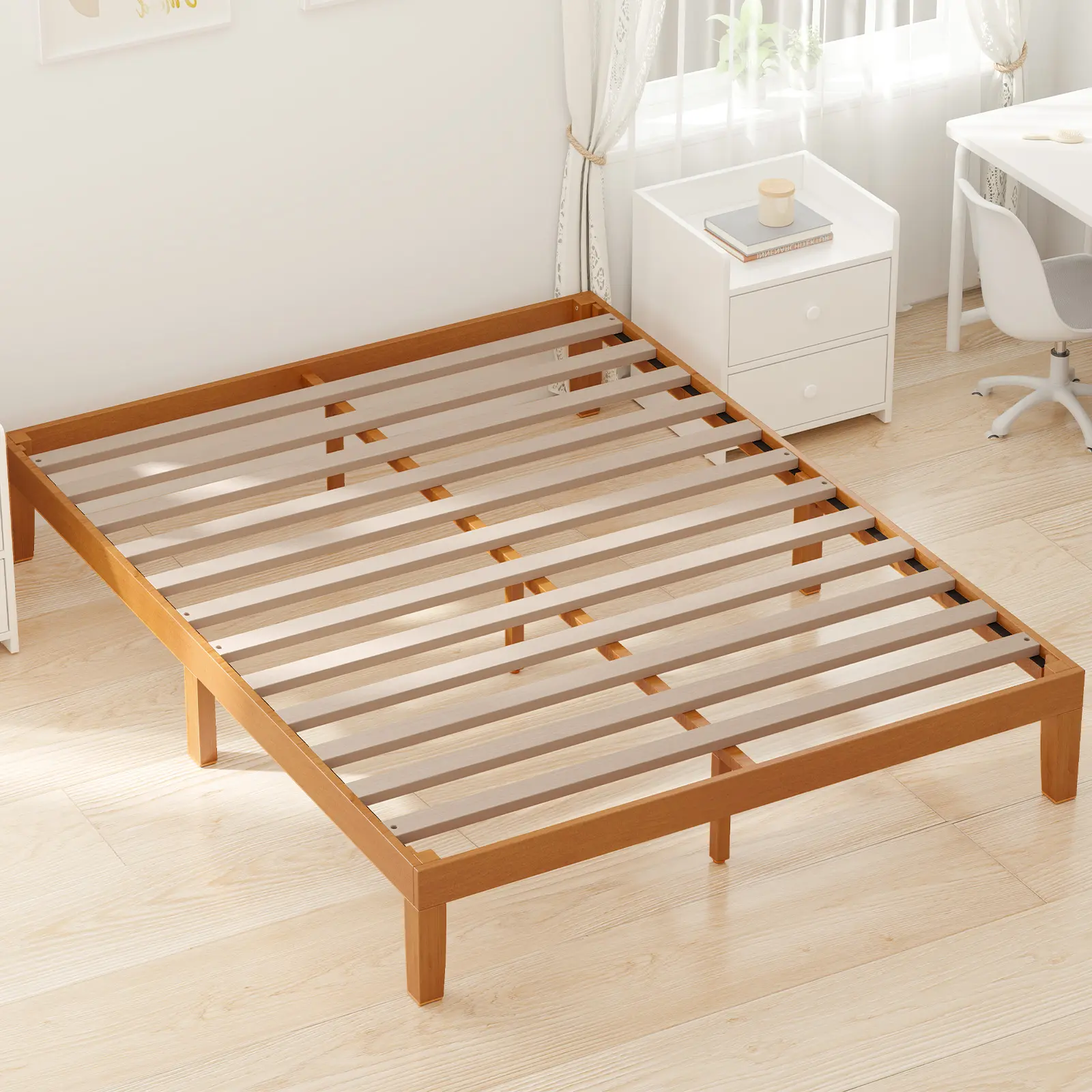 Natural Pine Solid Wood Bed Frame - 12in Slatted Bed Base, Wood Slat Support, Sturdy & Stylish Design, No Box Spring Needed, Easy Assembly, Bed Frames