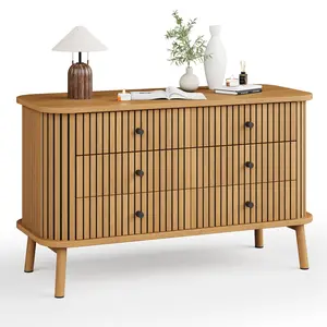 GARVEE 6 Drawer Dresser for Bedroom, Chests of Double Drawers, Boho Wooden Dresser with Black Handles, Beside Table for Closet, Living Room, Hallway, Entryway, Natural