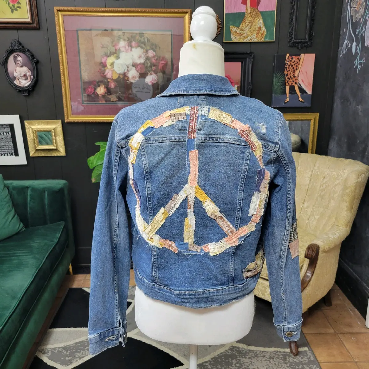 Patchwork Peace Womens Jean Jacket from vintage and reclaimed fabric Size Large