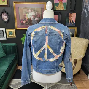 Patchwork Peace Womens Jean Jacket from vintage and reclaimed fabric Size Large